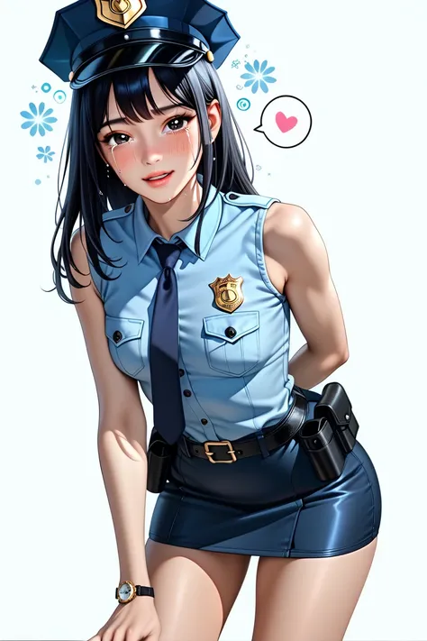  Japanese beautiful girl ,(It's 1 :2.0),( watches viewers:1.0),(sleeveless collared police shirt:1.1),( police officer's micro mini skirt:1.1),( slender body:1.2),(The moment I had hiccups :1.4),real skin ,small breasts,  Shiny Black Hair, Super Detailed B...