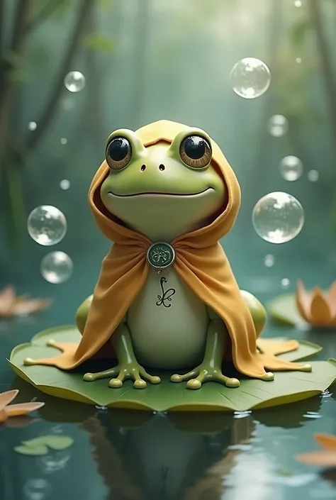 Sweet frog as a druid in a cape on lily pad with soap bubbles tattoo