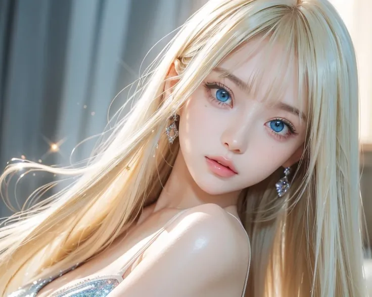 1 cute  girl , solo,  high resolution,  long hair,  dazzlingly bright baby blue eyes, bangs, Beautiful blonde, 目の間のbangs, とても long hair,  textured skin showing armpits,  hair to hide one eye,  Shiny Hair, Straight Hair, Hair in the eyes, Too much hair,  bi...