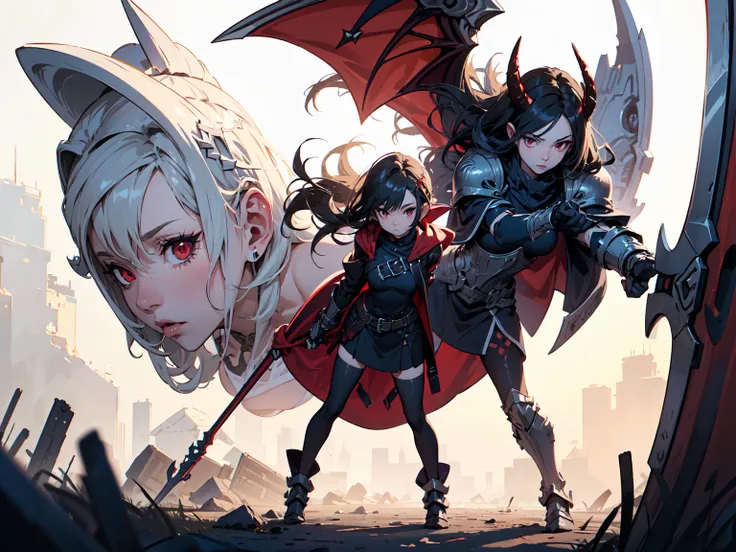 (((Best Quality))), (((Masterpiece))), ((Realistic)) ((full body shot)) slender cute  pale demon girl, pointing ears, (red colored eyes), short stylish black hair, wearing demon armor (intricate details) holding a giant demon stylish scythe.