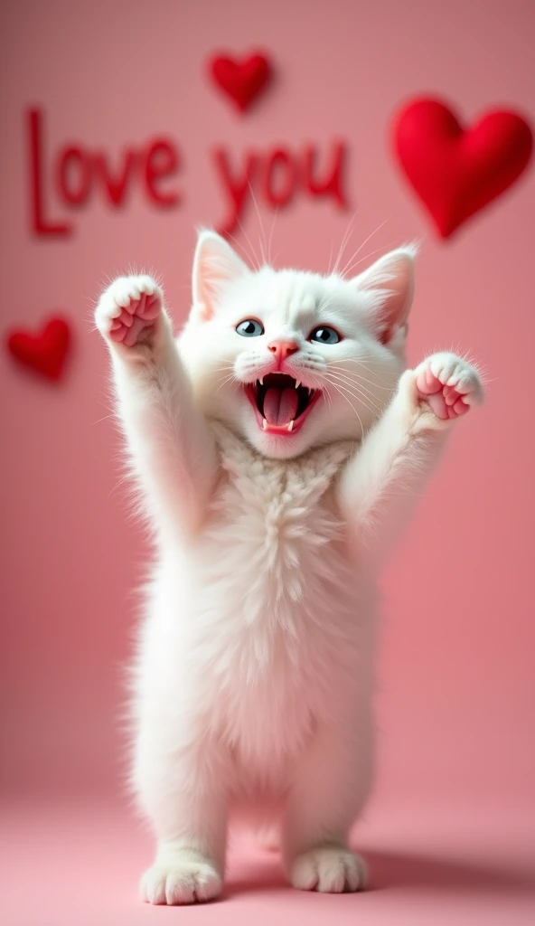 Shot from below, low angle camera, wide angle, A cute baby white cat happy smiling bouche ferme , standing up both arms up, sa fourure peinte rempli de coeurs rouge,background full heart and word “love you”