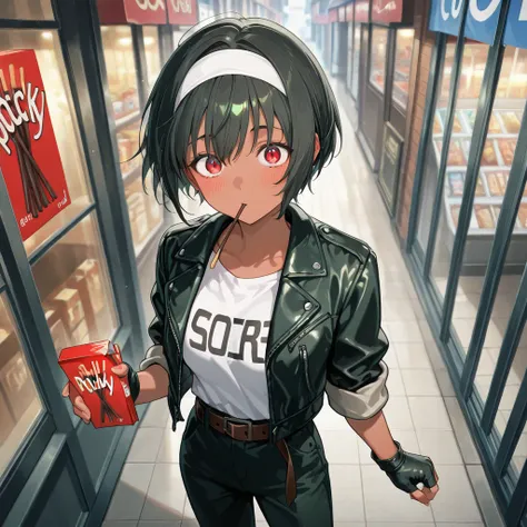 From above, 1 girl, holding pocky in mouth, food, alone, dark hair, brown skin, short cut, looking at viewer, surprised expression, red eyes, blushing, dressed in ((dark green leather jacket with rolled up sleeves)), open jacket, dark green fingerless glov...