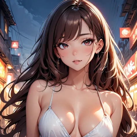 (highest quality, 4k, masterpiece :1.3), Beautiful woman, 1 girl, (chest, attractive body :1.2), JK:1.1, dark brown long hair: 1.1, super detailed face, lip details, fine eyes, double eyelid, red eyes, sexy.