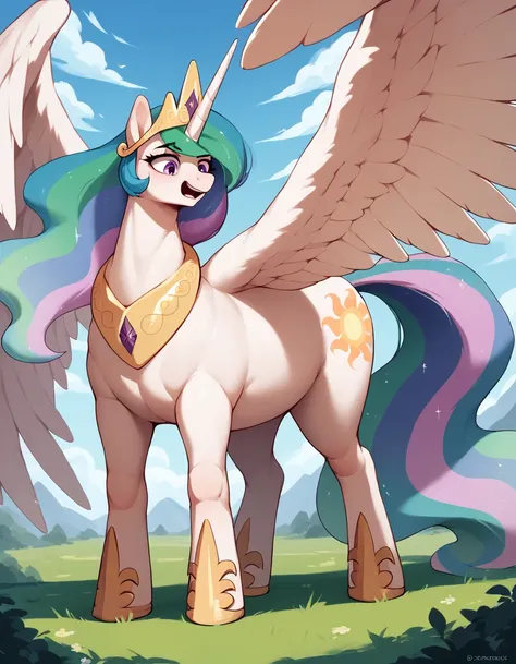 Centaur transformation pony princess Celestia girl, huge large wings, (gigantic pony body the biggest pony in the world) 