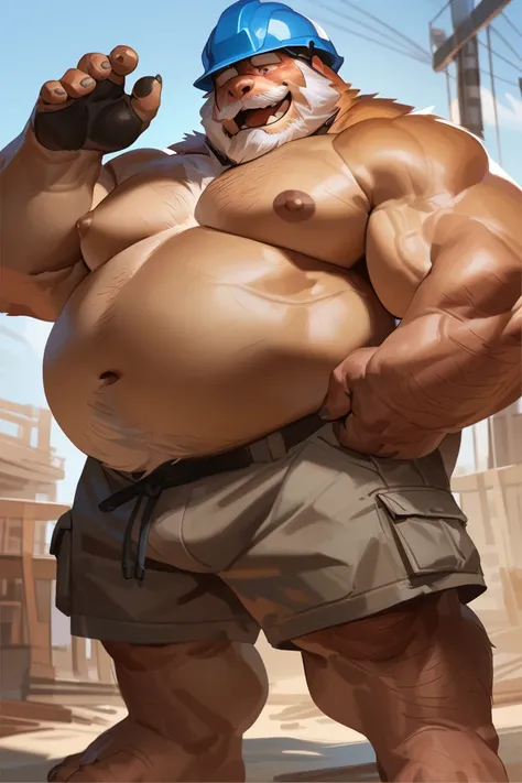 lindong, chubby old man wear shorts, (chubby:1.3, fat, fat belly, big belly, musclegut), wearing project helmet, construction, topless, cargo shorts, standing, nipples, happy expression, extremely detailed muscle, detailed face, face, detailed eyes, eyes, ...