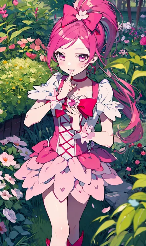  Masterpiece,  top quality, Alone,  1 girl,
Cure Blossom \( Heart Catch Pretty Cure\),  Heart Catch Pretty Cure,
cowboy shot, Very nice smile, 
  pink shorts,  pink wrist cuffs ,  gem, frills,  Pink Choker ,  pink boots,  pink skirt ,
Long horse tail ,  Fo...