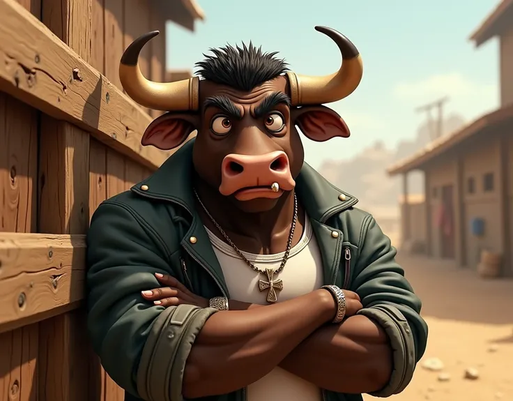 "A stylish, masculine anthropomorphic bull with a charismatic yet hilariously over-the-top attitude. His physique is lean and strong, not fat, with broad shoulders, a solid jawline, and a confident yet ridiculous smirk. His eyes should be sharp and express...