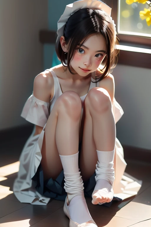 A 16-year-old Chinese woman with short hair, thin melon, has a very small face, full body photo with freckles on her face, charming collarbone, wearing thick black glasses, white lace stockings, black and white maid dress, showing off her toes, legs, front...