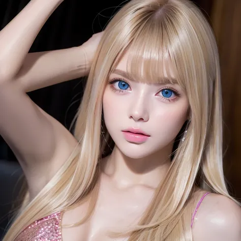 1 cute  girl , solo,  high resolution,  long hair,  dazzlingly bright baby blue eyes, bangs, Beautiful blonde, 目の間のbangs, とても long hair,  textured skin showing armpits,  hair to hide one eye,  Shiny Hair, Straight Hair, Hair in the eyes, Too much hair,  bi...