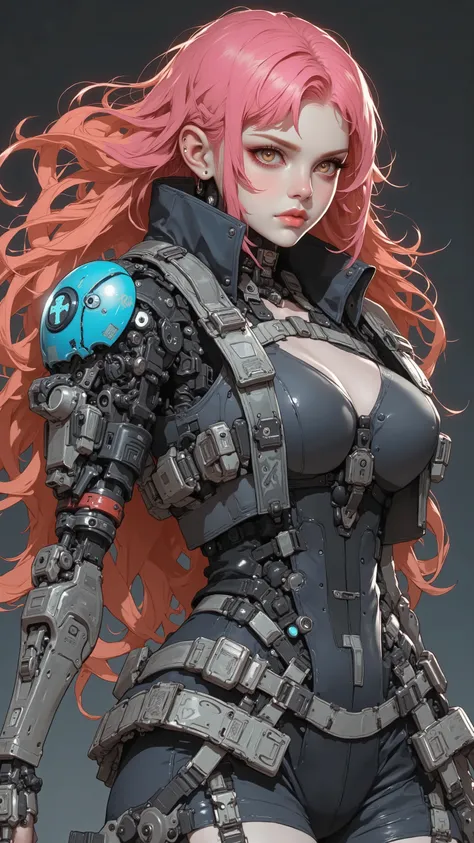 Close up of a woman with a robotic arm and helmet, Mechanized Valkyrie Girl, Mecha Girl, Mecha Cyber Armored Girl , biomechanical big boobs, female cyberpunk anime girl , Perfect Anime Cyborg Woman , cute cyborg girl , cyberpunk anime girl mech, C...