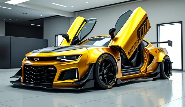 "A high-performance muscle car in a futuristic showroom, painted in glossy gold with black racing decals. The car has an aggressive aerodynamic body kit, large rear spoiler, and wide racing tires with visible branding. The doors are open in a scissor-style...