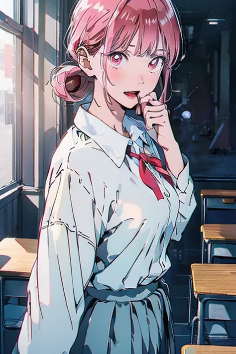 (from below:1.1,Best Quality),( Tight Breasts :1.2), (Pointed Chest:1.2),Chono hina, Solo,pink hair, pink eyes, hair bun, anime screen shot, anime scene, pink cardigan, diagonal-striped bow, red ribbon, grey skirt, pleated skirt, collared shirt, white shir...