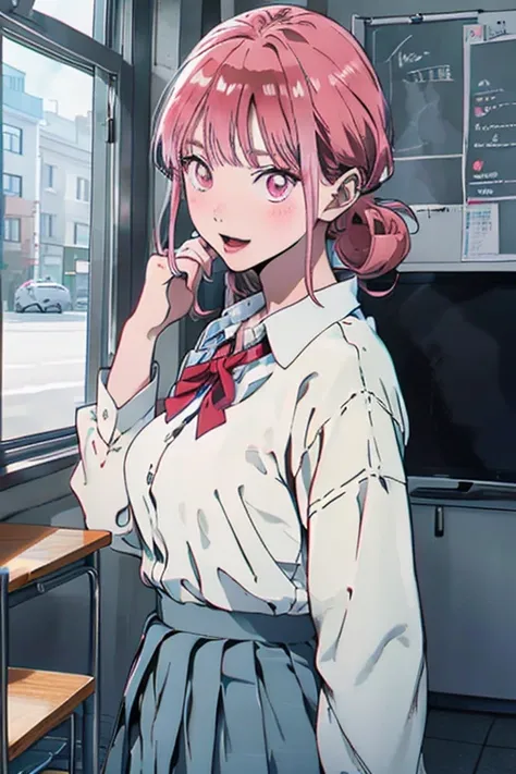 (from below:1.1,Best Quality),( Tight Breasts :1.2), (Pointed Chest:1.2),Chono hina, Solo,pink hair, pink eyes, hair bun, anime screen shot, anime scene, pink cardigan, diagonal-striped bow, red ribbon, grey skirt, pleated skirt, collared shirt, white shir...