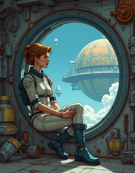 Space Trucker, full body shot, side view, hand drawn young beautiful European woman sitting near a large porthole, womanly figure, intricate outfit details, detailed space station background, star wars extremely detailed, sci-fi, in the style of Moebius, M...