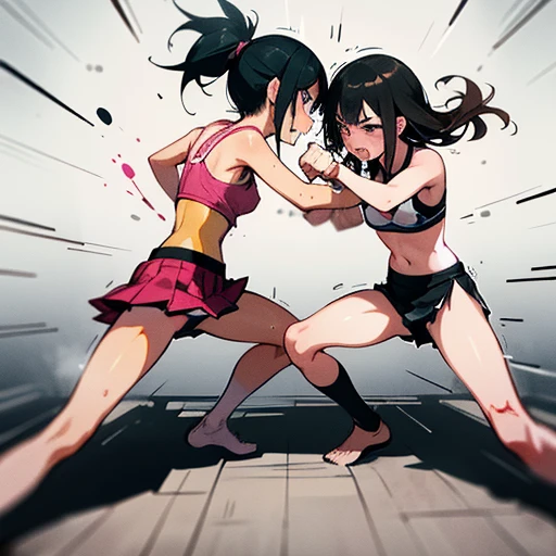 dynamic battle action, they are (((((beating each other's body and face by fist and leg))))) so hard. two (((bloody)))) cute Japanese high school student (((girl fighters))) are fighting in the octagon fighting ring of underground arena with audience. they...