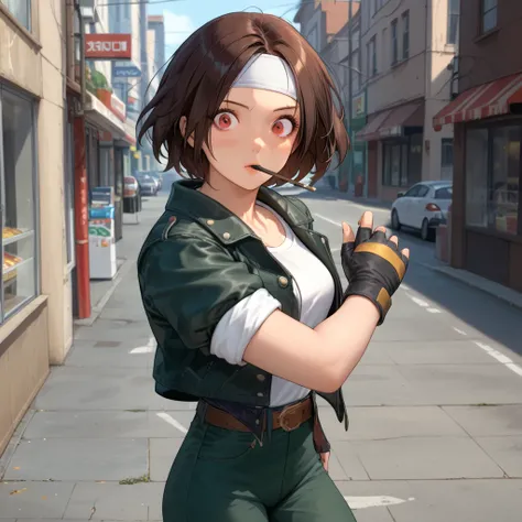 From above, 1 girl, holding pocky in mouth, food, alone, dark hair, brown skin, short cut, looking at viewer, surprised expression, red eyes, blushing, dressed in ((dark green leather jacket with rolled up sleeves)), open jacket, dark green fingerless glov...