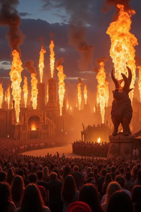 A Cinnematic Photo of a breathtaking daytime festival landscape with towering bonfires, intricate Viking art installations, and fiery pyrotechnics that evoke the raw energy of UP HELLY AA, hyper-realistic, 4k, highly detailed ,stylize 600, background at th...