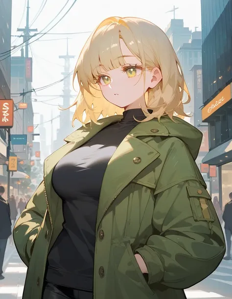 Score_9,Score_8_up,Score_7_up,highest quality, source_anime, highest quality, BREAK 1 girl, cute, 28 years old, (curvy), (medium hair:1.2), bangs, (light yellow hair:1.3), (light yellow eyes), (large breasts:0.9), (thin eyelashes:1.3),  (wide eyes:0.7), (c...