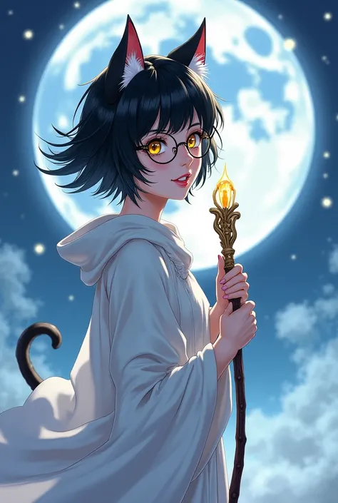 Beautiful woman, cat ears, short black messy white hair, wearing round glasses, yellow cat eyes, not smiling, wearing a white silky flowy robe, holding a magical staff, mesmerizing, standing under the moonlight, windy. Semi realistic