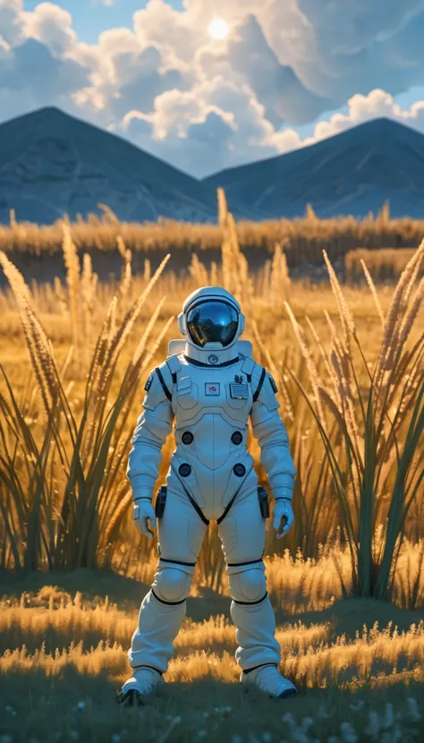 awarded ( full body:0.8) ( photographic portrait:1.3)  costume for a young woman (science-fiction astronaut  :1.3) with a (lunar vehicle :1.4), (Stargate:1.4),  looking out onto a green alien planet, (mountains:1.2) (Tall grass:1.4), rocks, fluffy clouds i...