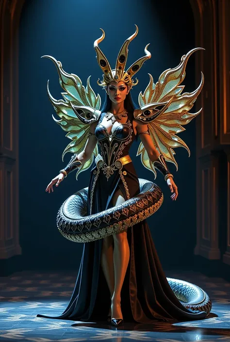 Opera Snake Queen,
Dramatic, Masquerade Master ,  Gorgeous Costume with a Floating Snake Pattern ,  Dark Opera House 