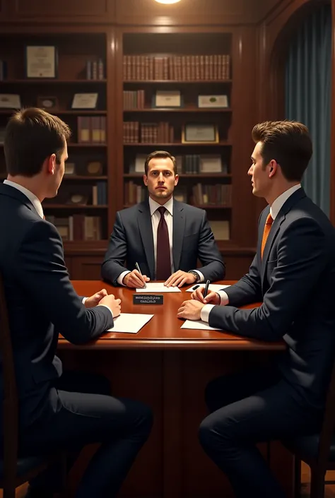 An image of two men sitting in front of a desk where a lawyer is