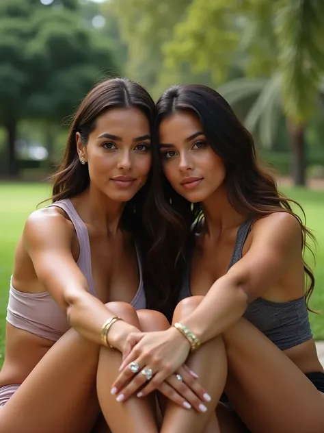 Pretty latin strong adult lesbian couple with rings tanned romantic elegant by sexy sports clothing sitting in a park selfie mirando a la cámara de frente 


