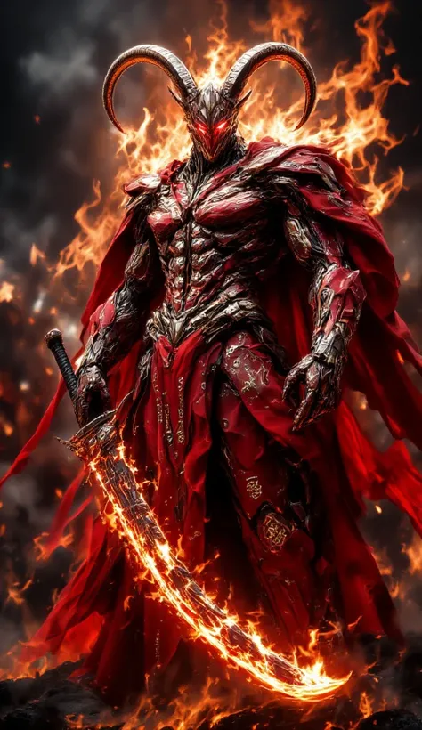 Visualize Aries as a powerful war god, standing tall with a muscular, commanding form. His broad shoulders and chiseled chest are encased in fiery red and gold armor, each plate intricately designed with celestial patterns that shimmer with a molten glow. ...