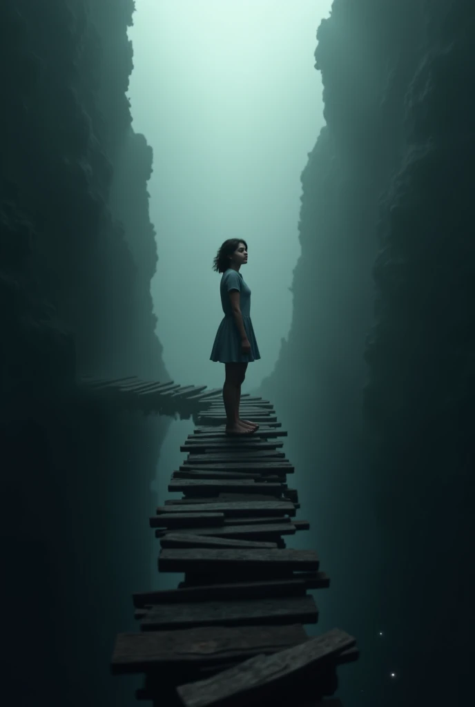 A solitary girl stands at the center of the image, with their feet resting on broken wooden planks that are collapsing. The bridge beneath them is gradually disappearing, and each plank that vanishes falls into the deep, endless darkness below. The surroun...