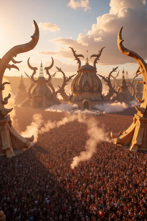 A Cinnematic Photo of a sprawling festival ground bathed in vibrant daylight, featuring elaborate Viking-inspired sculptures, burning torches, and dynamic crowd energy that channels the spirit of UP HELLY AA, hyper-realistic, 4k, highly detailed ,stylize 7...