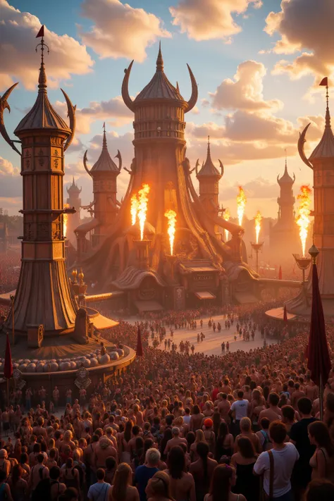 A Cinnematic Photo of a sprawling festival ground bathed in vibrant daylight, featuring elaborate Viking-inspired sculptures, burning torches, and dynamic crowd energy that channels the spirit of UP HELLY AA, hyper-realistic, 4k, highly detailed ,stylize 7...