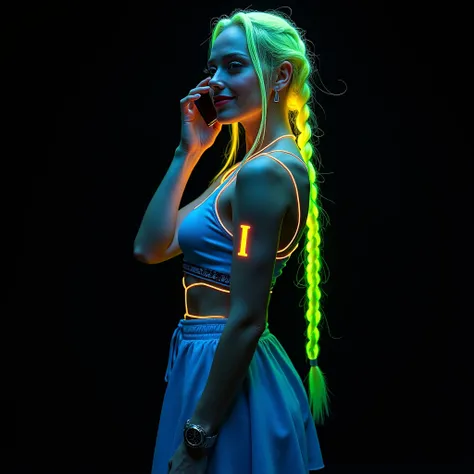 Ukrainian Russian woman, Full body futuristic standing image in cyberpunk style of a beautiful blonde white Russian woman with phosphorescent neon green braided hair and blue sporty miniskirt with futuristic accessories, highly detailed light blue eyes, pe...