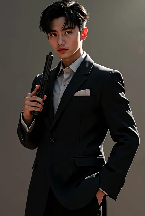 handsome young man like a kpop idol and has a good body wearing clothes like a mafia with black hair holding a gun in his right hand and a knife in his left hand with a fighting pose