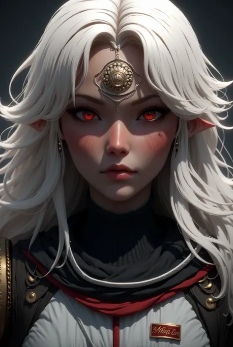 Portrait of a black woman, perfect detailed face, detailed symmetrical circular iris, long hair, white colored hair, realistic, red eyes, wearing a petra colored space uniform with red stripes on the front of her suit, stunning realistic photography Charac...