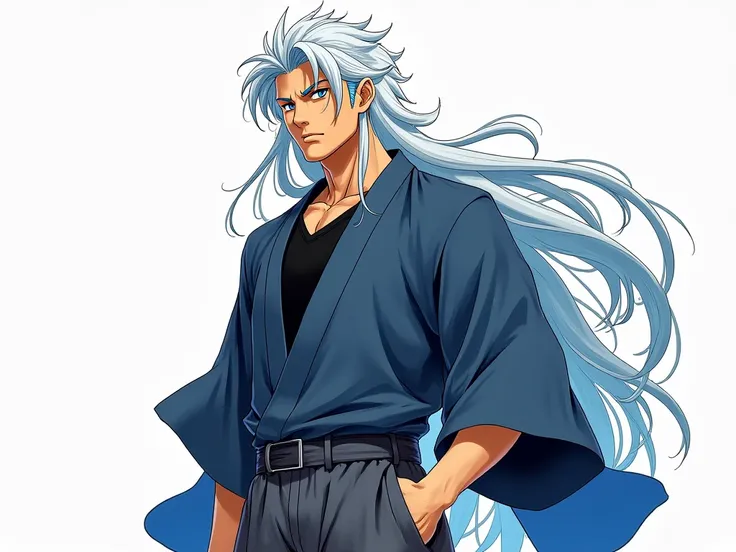 Susanoo,  is a tall man , muscular,  with long hair ( a little below the shoulder) And whites with blue highlights,  his eyes are lighter gray ,  he has yellow ethnicity  ( His skin color is similar to that of the Chinese ),  he wears wide sports pants  ( ...