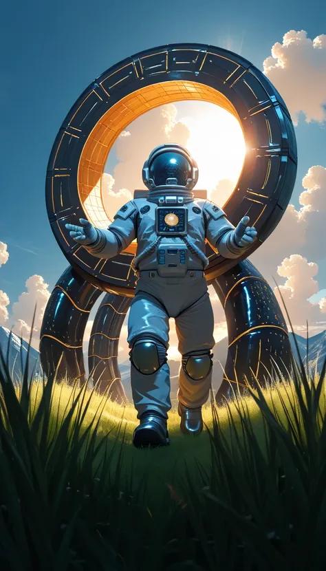 an astronaut,( full body:0.8), (science-fiction astronaut  :1.3) with a (lunar vehicle :1.4), (Stargate:1.4),(mountains:1.2) (Tall grass:1.4), rocks, fluffy clouds in the sky,  trend on artstation,  highly detailed , Fine details, intricate, (lens flare:0....