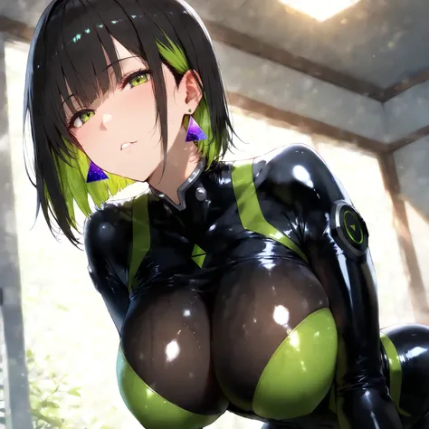 masterpiece, (((( best quality )))),1 girl, Japanese Anime ,character profilele,shiny skin, wearing a black pilot suit, dark hair, short bob hair,The inner color of the hair is green, green eyes,isosceles triangle earrings, black tights,large breasts