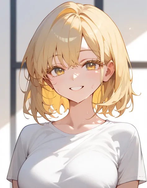 Score_9,Score_8_up,Score_7_up,highest quality, source_anime, highest quality, BREAK 1 girl, cute, 28 years old, (curvy), (medium hair:1.2), bangs, (light yellow hair:1.3), (light yellow eyes), (large breasts:0.9), (thin eyelashes:1.3), (close up), white t-...