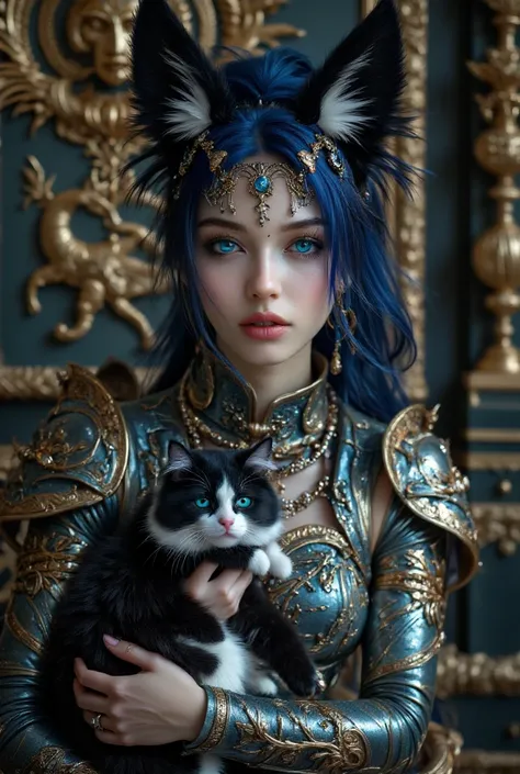  mystical-faced female figure with ears resembling a fox .  His hair was beautifully decomposed navy blue ,  adorned with intricate and shimmering accessories .  The glowing blue eyes gave a magical or supernatural impression .  He wears a metal-plated war...