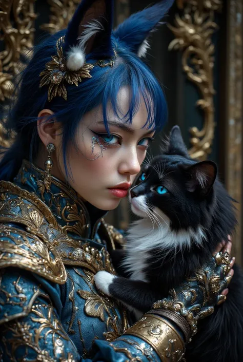  mystical-faced female figure with ears resembling a fox .  His hair was beautifully decomposed navy blue ,  adorned with intricate and shimmering accessories .  The glowing blue eyes gave a magical or supernatural impression .  He wears a metal-plated war...