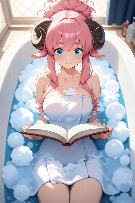 (SFW, masterpiece, best quality, extremely detailed, absurdres, very aesthetic), from above:1.2, cowboy shot, (highly detailed background, A bath full of bubbles, Lots of bubbles, The area below the collarbone is covered with foam:1.3), (sheep girl\super d...