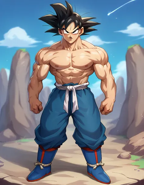 score_9, score_8_up, score_7_up,
gokuxl, solo,1boy,  black eyes, looking at viewer,
 blue dougi, serious, blue footwear,  orange dougi, muscular, shirtless, battle damage
