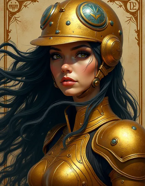 photorealistic mixed digital painting,  Moebius, Gustav Klimt, close up portrait of a pirate woman with flowing hair made of geometric patterns, helmet with rococo detailing, retro punk force punk golden armor, thick ancient force rune symbol patterns, tar...