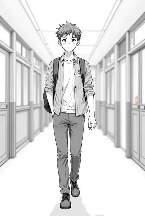 Draw with a pencil a school student who is happily studying without books and in a clean school uniform at the age of 16 who walks down the hall of a male school