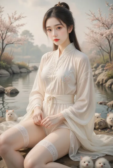 8k, masterpiece, best quality, two-dimensional, (Chinese traditional ink painting:0.2), (perfect hands:1.4), stockings，Wearing hanfu，The stockings on the legs are exposed，River in the background，koyama，Small animals