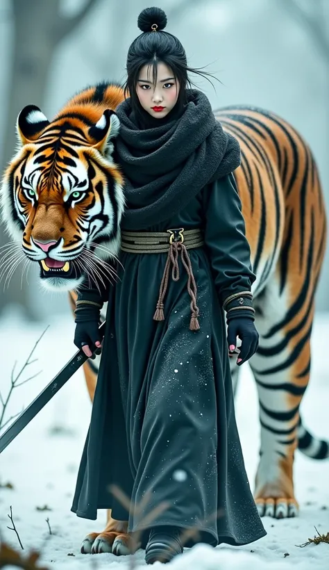   Create a very beautiful Korean warrior woman walking with a giant tiger  ,  covered with rags ,  Black funeral clothes  ,   It seems that the presence of this warrior draws life force from the air  .   Her face is very pale  ,   and her eyes burn with a ...