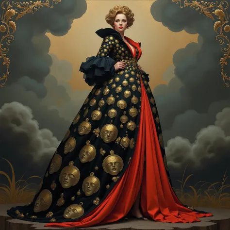 portrait of a woman seen from toe to head angle on 3/4 on curved body position, on long black and red robe full of faces draw and as golden ornaments, future baroque, royal alien, fashion art, dark colors, black and cloudy minimalist background