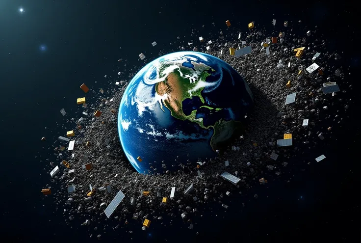 High resolution image of earth surrounded by space debris like broken pieces of satelities and spacecrafts that are moving around earth. Make it realistic 