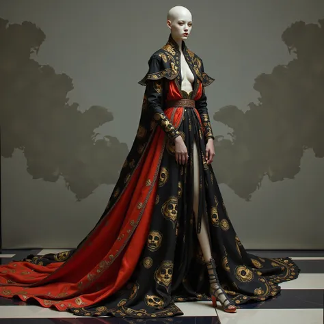 portrait of a hollow figure seen from toe to head angle on 3/4 on curved body position, on long black and red robe full of faces draw and as golden ornaments, future baroque, futuristic Renaissance, royal alien, fashion art, dark colors, black and cloudy m...