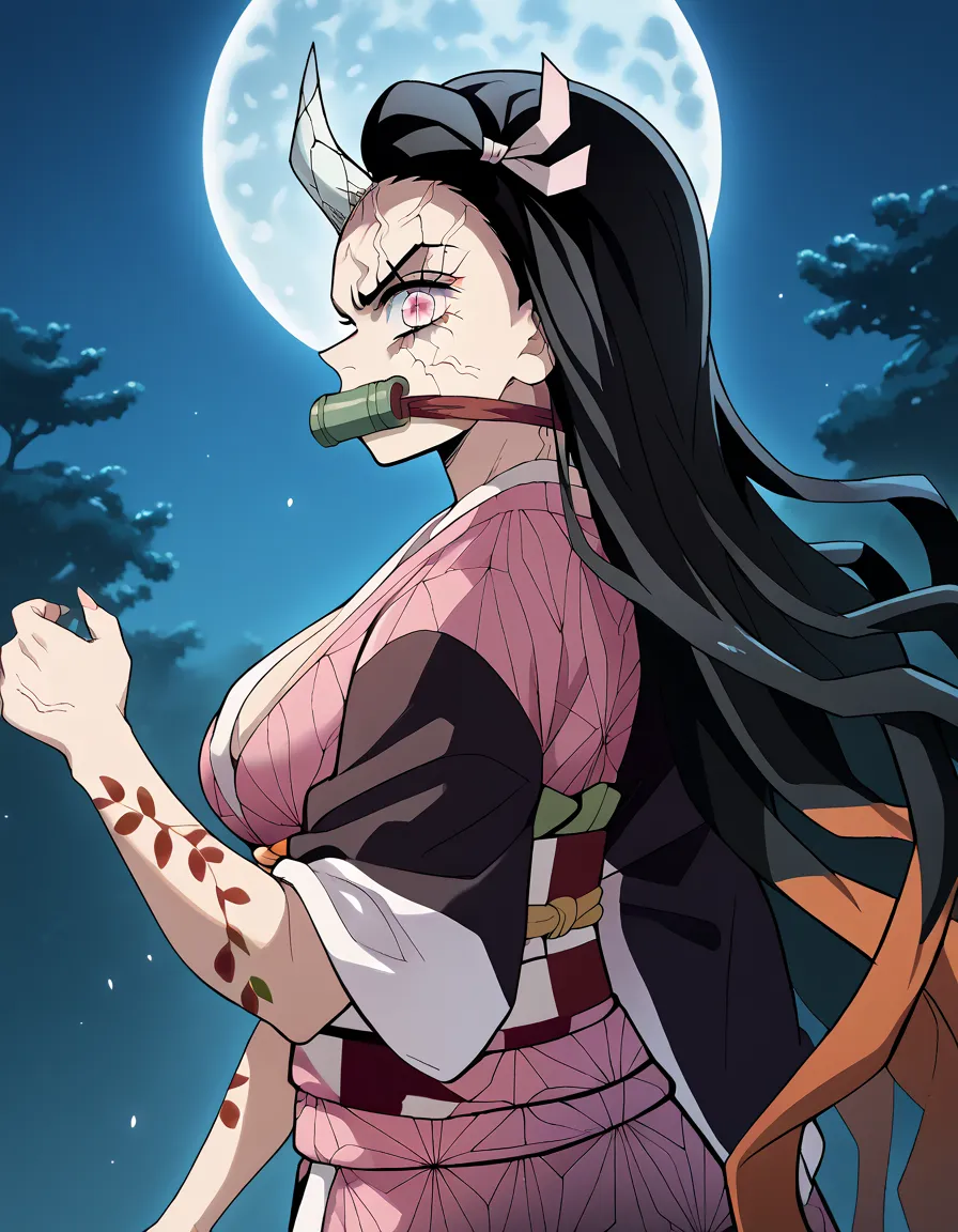 score_7_up, BREAK source_anime, dnezukoxlv4, 1girl, solo, looking at the viewer, angry, bit gag, gag, japanese clothes, kimono, pink kimono, upper body, tattoo, horns, veins, rear side, large breasts full moon at night 